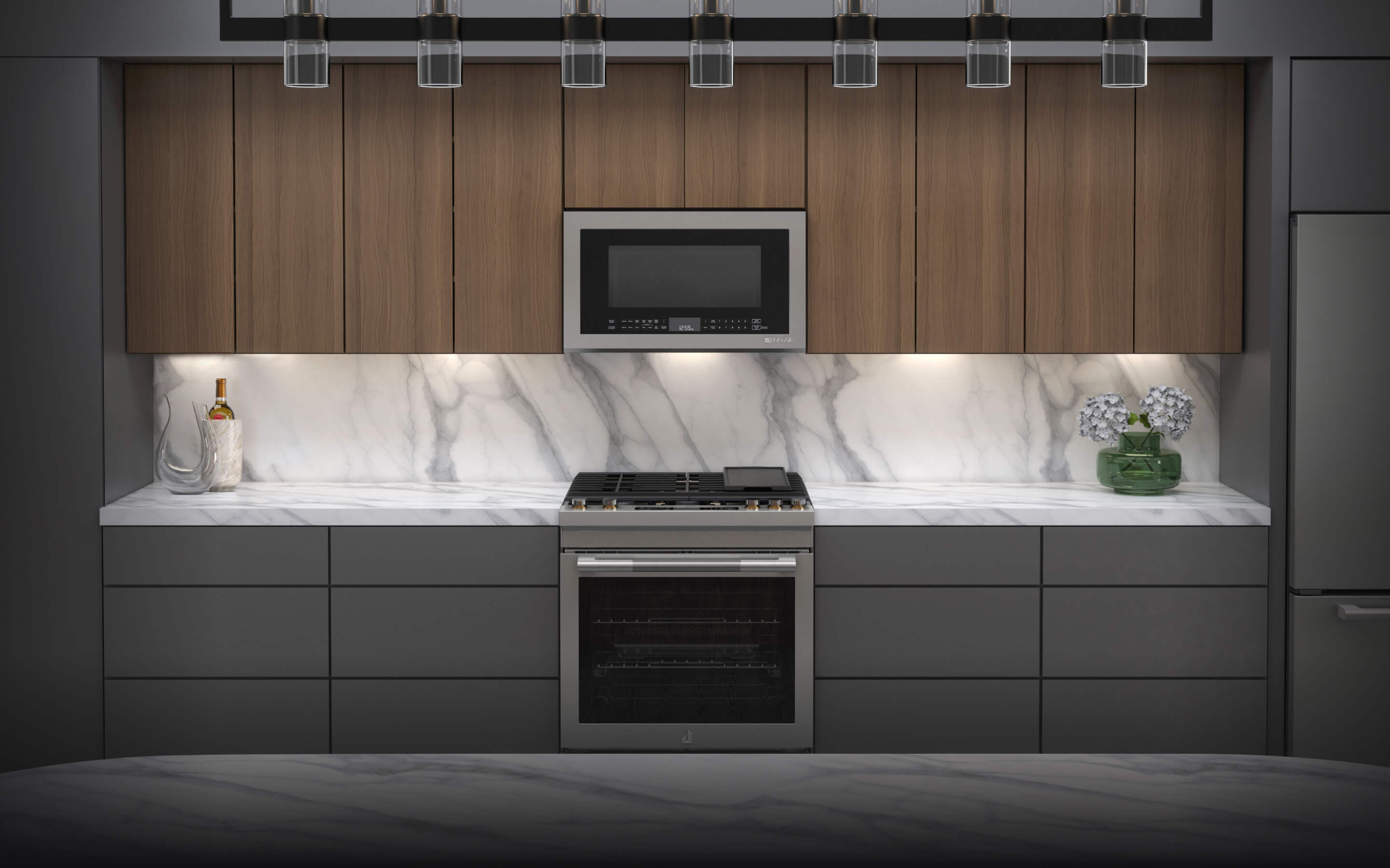 A RISE™ Slide-In Range in a kitchen. A RISE™ Slide-In Range in a kitchen.