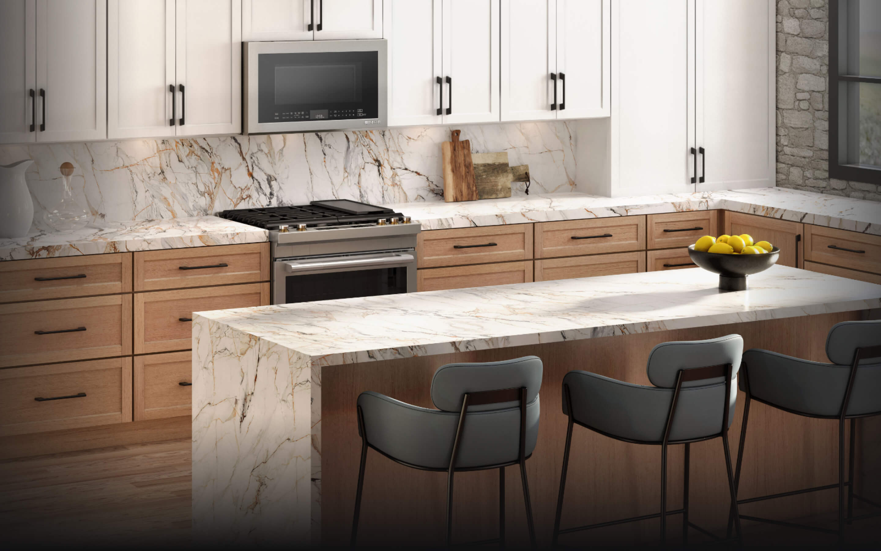 A JennAir® RISE™ Slide-In Range in a high-end kitchen. A JennAir® RISE™ Slide-In Range in a high-end kitchen.