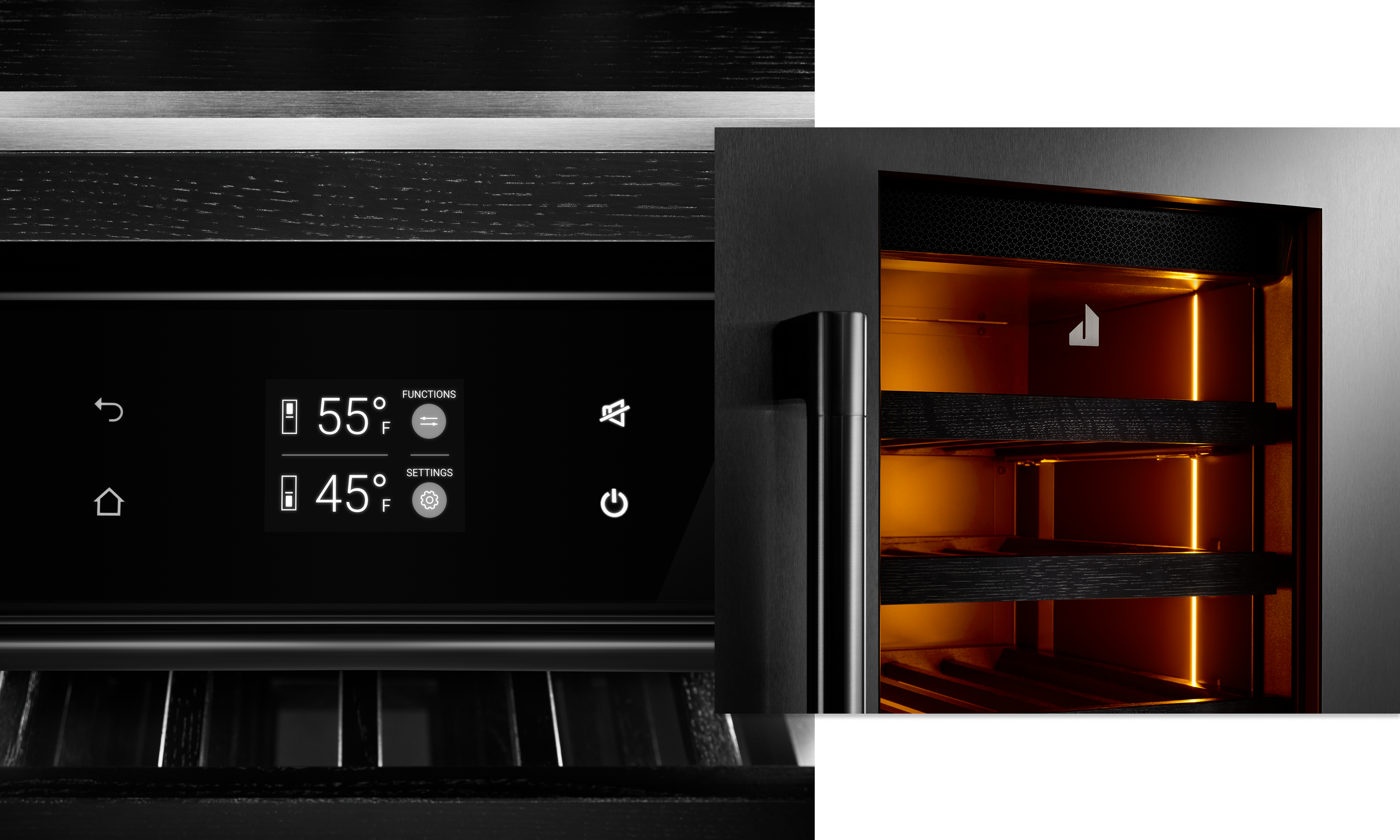The controls of the wine column, showing functions and temperature settings.  The controls of the wine column, showing functions and temperature settings.