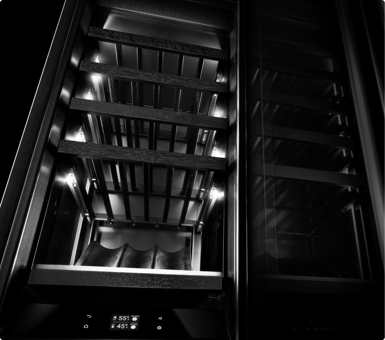The Obsidian interior of the wine column, lit up with Ecliptic Lighting. The Obsidian interior of the wine column, lit up with Ecliptic Lighting.