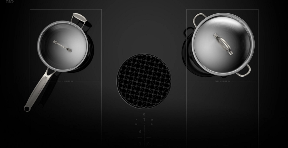 A topdown view of the cooktop with two pans on its surface.