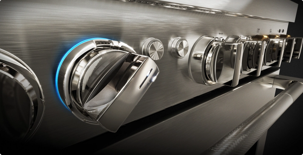 The backlit knobs of an induction range.