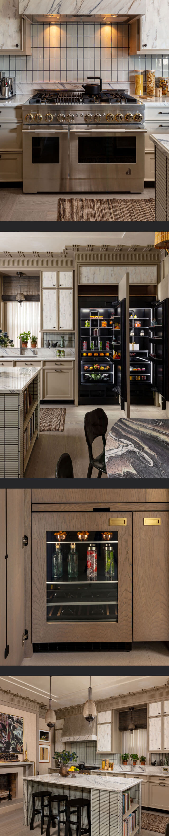 A collage of images including a kitchen featuring a JennAir® Range; a kitchen featuring two JennAir® Columns; close up of a JennAir® Beverage Center fitted with custom wooden panels; a complete view of the kitchen’s design.