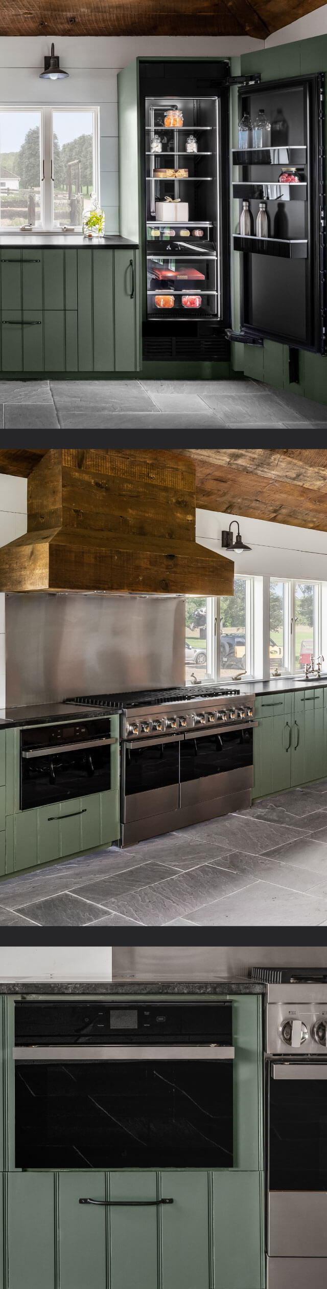 A collage of images including a view of the main bank of cabinets featuring a panel-ready beverage center and a column refrigerator; another view of the kitchen featuring a wall oven and range; a close up view of a wall oven.