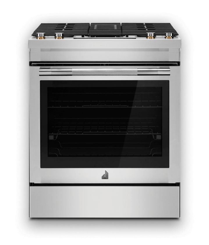 An image showing the entire view of a JennAir® Gas Slide-In Range, as well as the top of it.