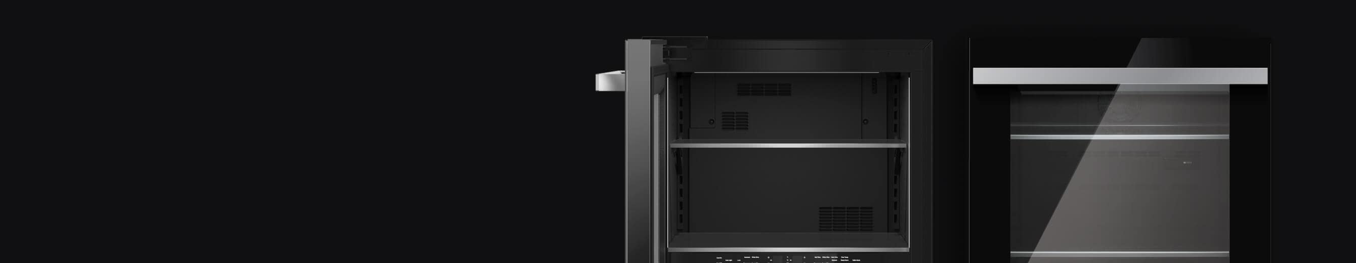 A pair of NOIR™ Design beverage centers, one open and one closed.