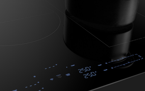 Lit up controls on the new JennAir® Induction Cooktop with Temperature Controlled Cooking.