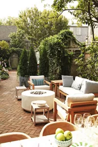 The firepit sitting area in the garden. 