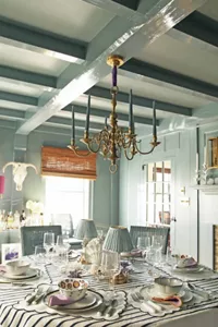 The chandelier and table in the dining room. 