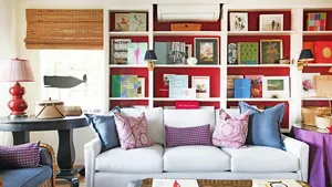 The couch and bookshelves in the Reading Room. 