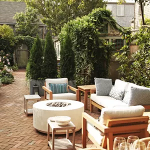 The firepit sitting area in the garden. 