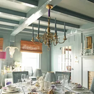 The chandelier and table in the dining room. 