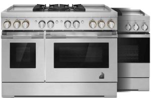 Two 48" professional-style ranges with 4 burners and 2 griddles on the cooktop.