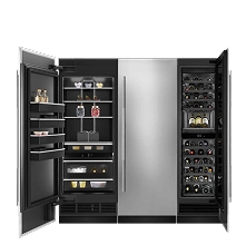 A set of three columns, an open refrigerator, closed freezer, and open wine column from JennAir.
