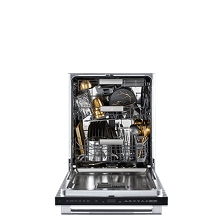 An open dishwasher from JennAir.